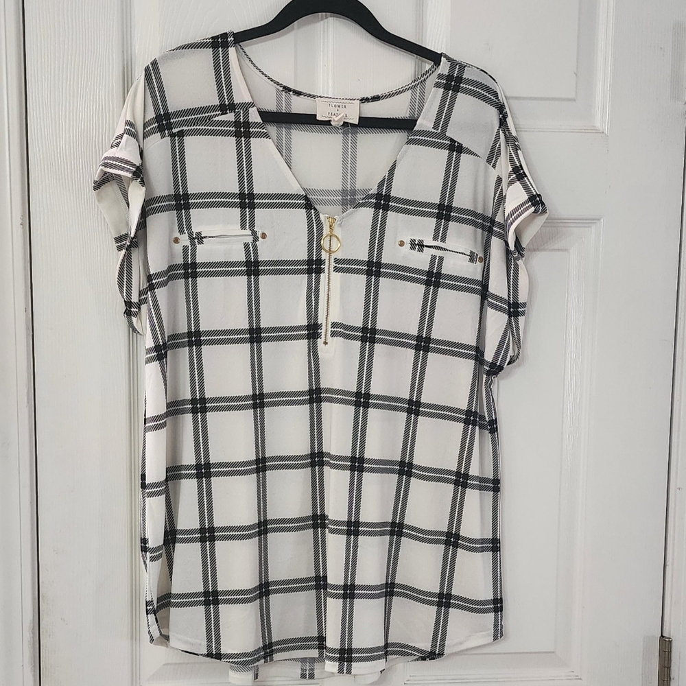 FLOWER & FEATHER Plaid V-Neck Women's Top